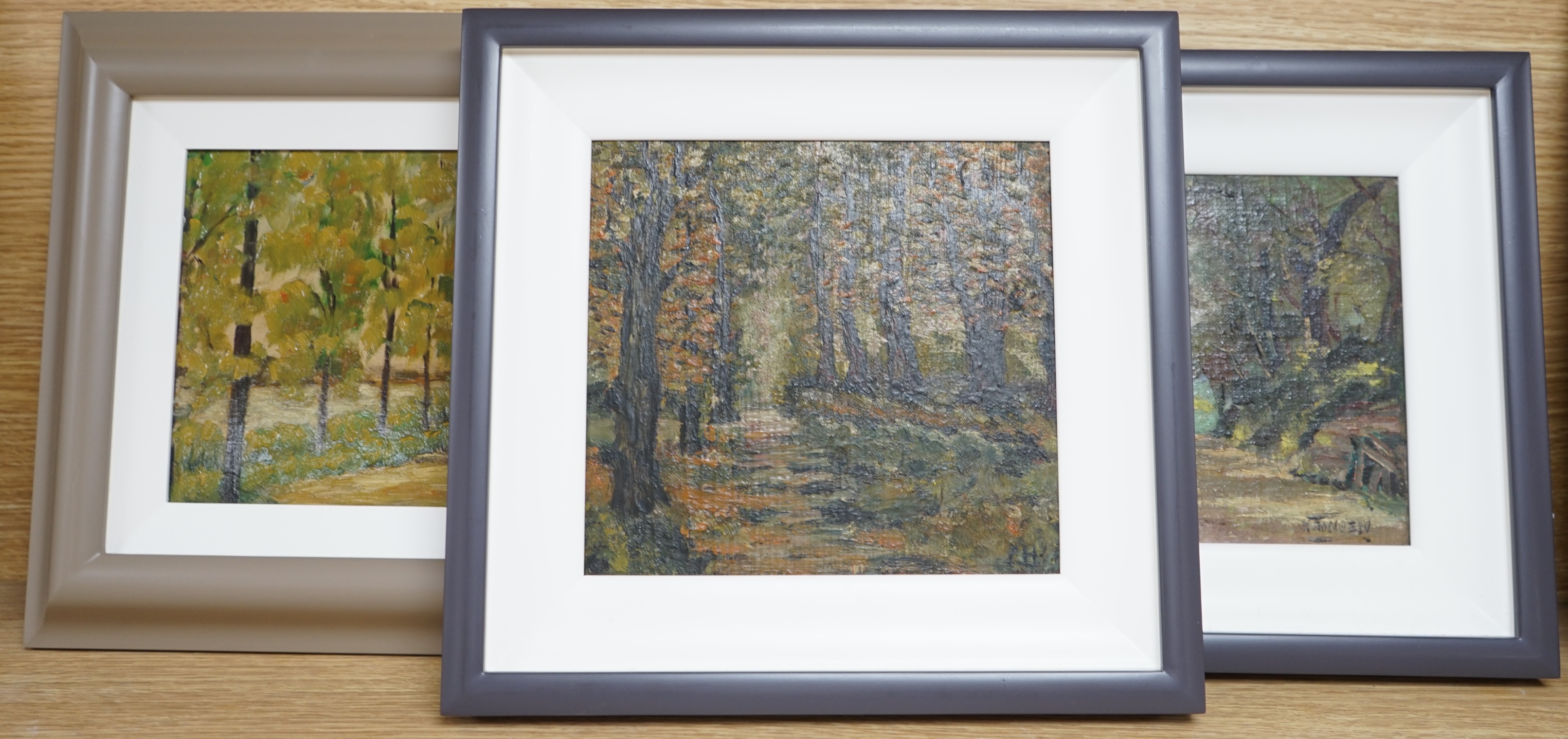 Three contemporary oils on board, Woodland scenes, one signed with initials P.H, 16 x 23cm. Condition - good